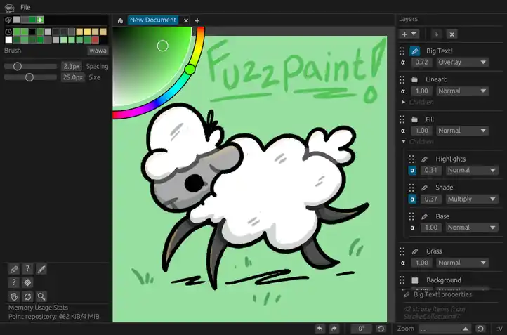 Screenshot of the Fuzzpaint software with a sheep illustrated